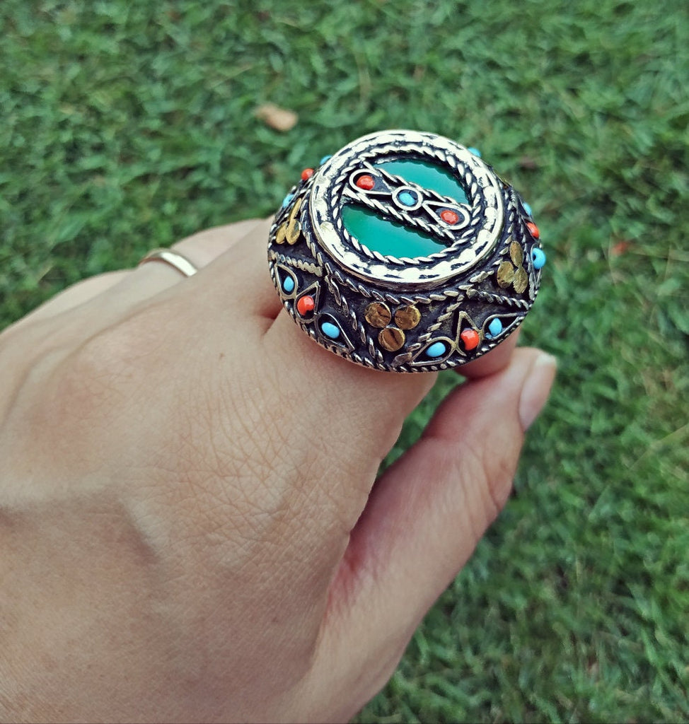 Pure buy Big Turquoise ring, Afghan jewelry, bohemian jewelry, gypsy jewelry Vintage jewelry German silver SIZE 9