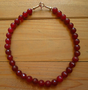 Afghan Red Glass Beaded Necklace: Sterling Silver Clasp, 15 inch