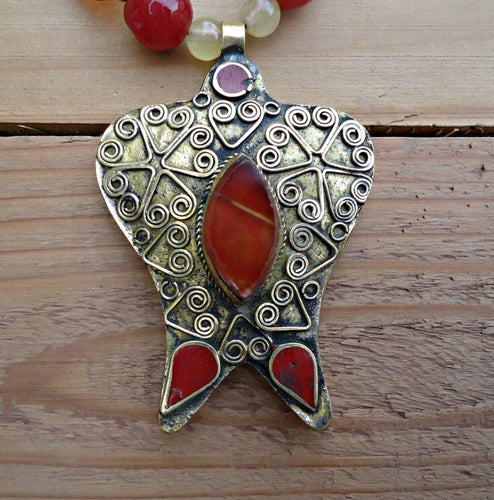 Handmade Kazakh Aqeeq Pendant Necklace: German Silver, Afghan Stone