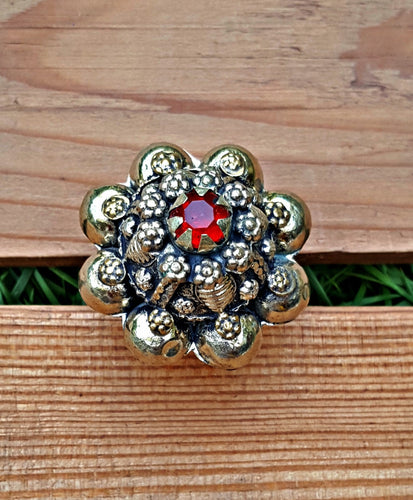 Vintage Afghan Dome Ring: Gilt Silver, Red Glass Stone, Size 9