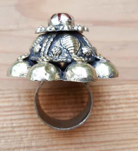 Vintage Afghan Dome Ring: Gilt Silver, Red Glass Stone, Size 9