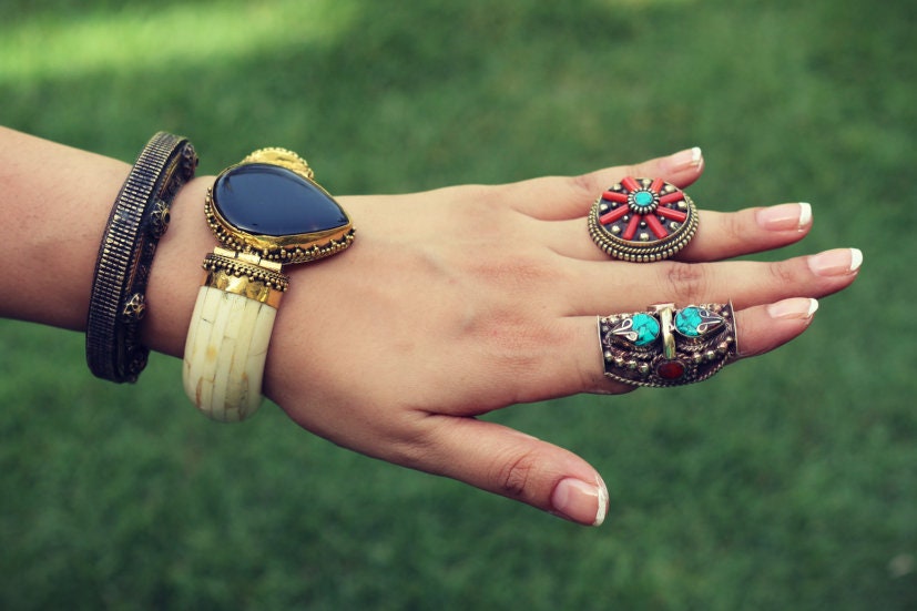 One of a kind stone cuff bracelet-  Afghan Bone Bracelet. Aqeeq stone Jewelry. Gypsy Tribal Boho Jewelry.Ethnic Stone Bracelet.Bone Cuff