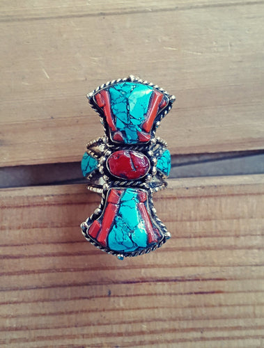 Sterling Silver Turquoise and Coral Ring – Tibetan Handcrafted Jewelry, Size 9/10