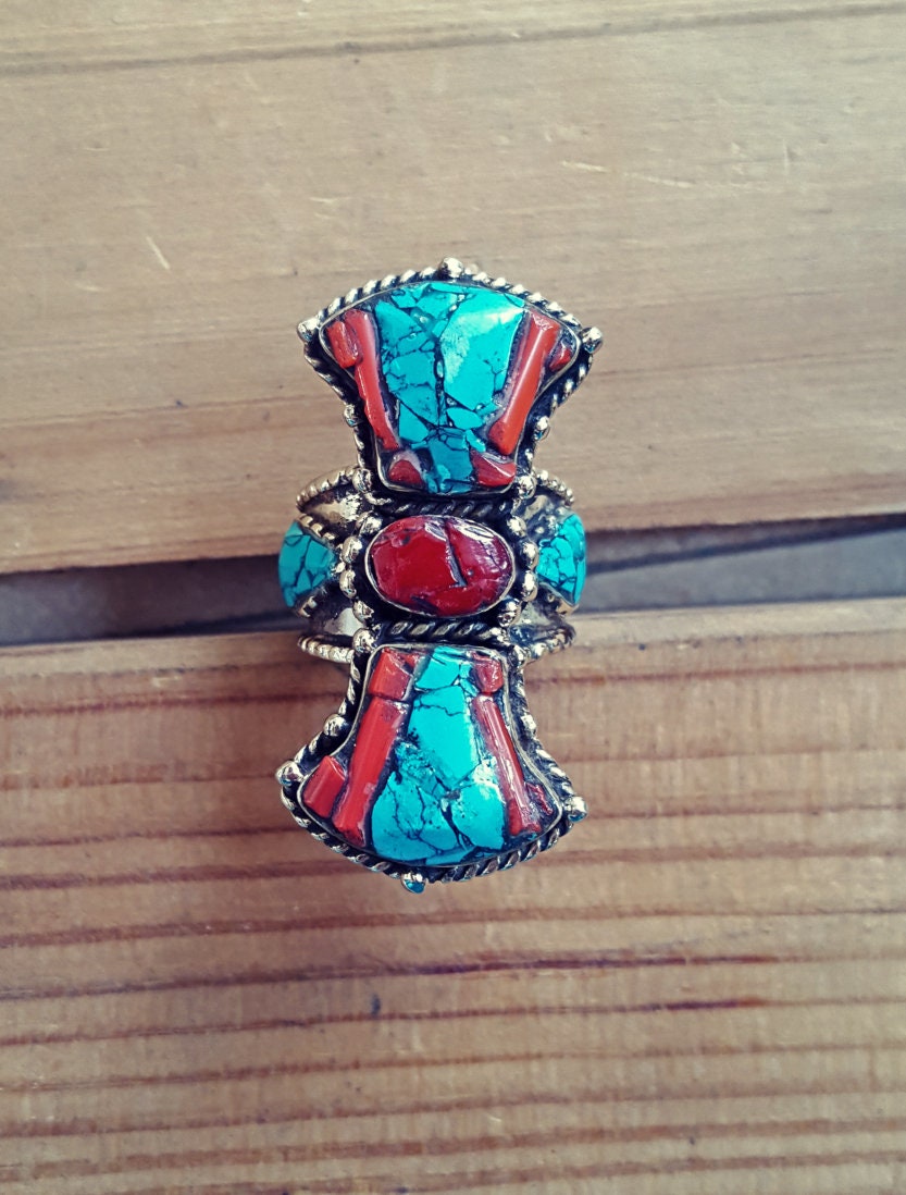 Sterling Silver Turquoise and Coral Ring – Tibetan Handcrafted Jewelry, Size 9/10