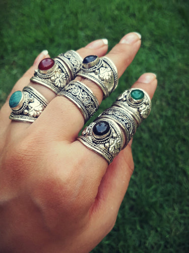 Tibetan Silver Stone Ring: Adjustable Boho Amulet
