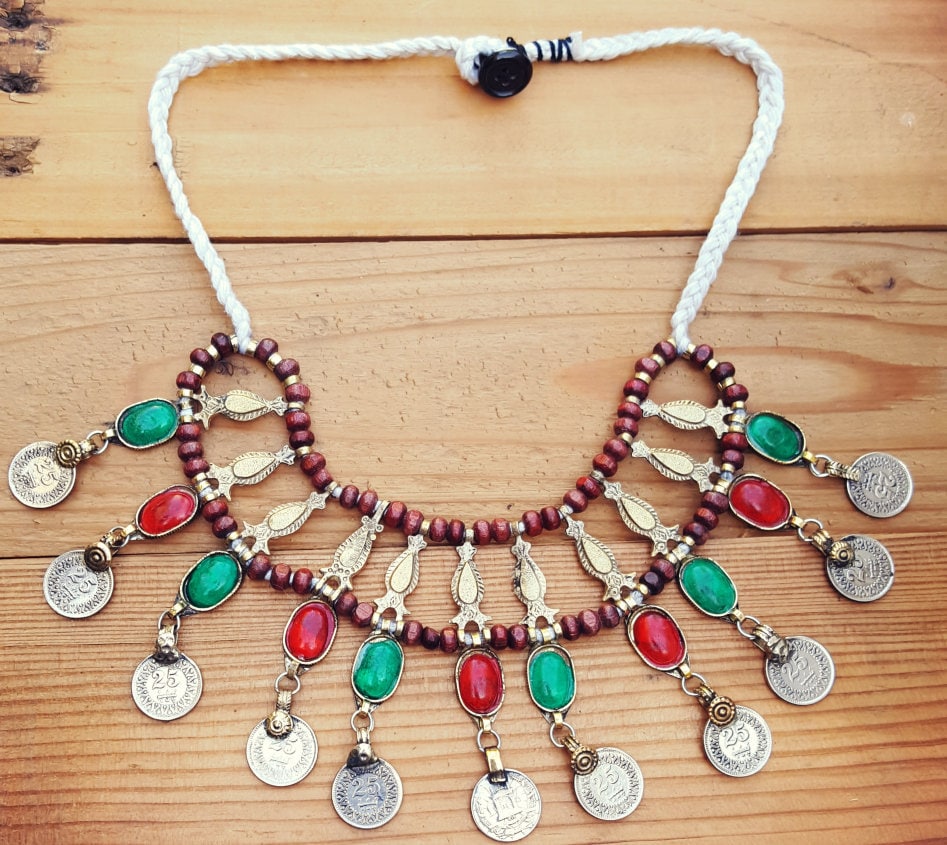 Kohistani Wedding Necklace: Afghan Tribal Coin Necklace with Glass Stones