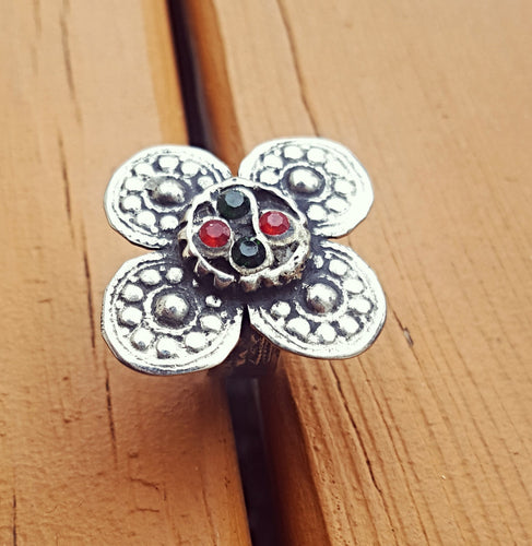 Silver Flower Statement Ring: Afghan Kuchi Tribal Jewelry, Size 8