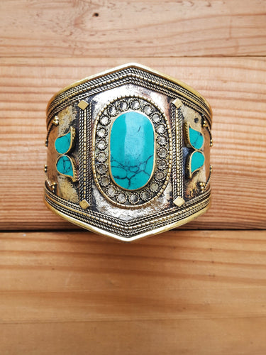 Vintage Afghan Cuff Bracelet, Brass & Malachite Stone Jewelry