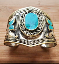 Vintage Afghan Cuff Bracelet, Brass & Malachite Stone Jewelry