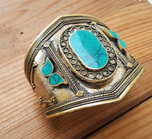 Vintage Afghan Cuff Bracelet, Brass & Malachite Stone Jewelry