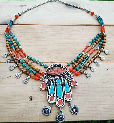 Turquoise Hamsa Necklace: Tibetan Coral & Silver Boho Jewelry