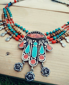 Turquoise Hamsa Necklace: Tibetan Coral & Silver Boho Jewelry