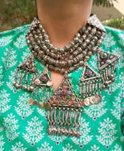 Antique Tribal Statement Necklace: German Silver, Multi-Glass Stones