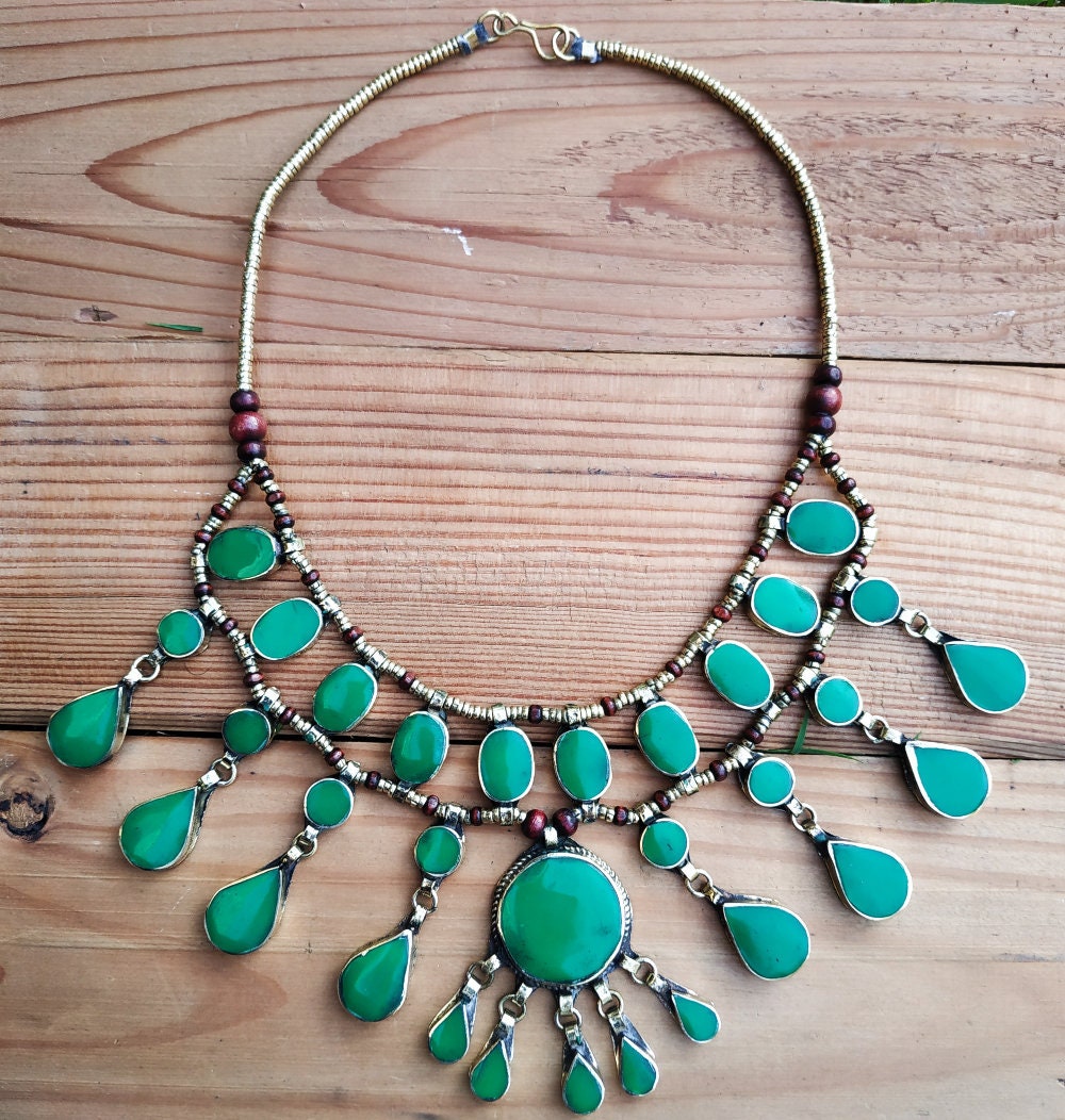 Boho  Green Malachite Stone Necklace.Afghan Kuchi Jewelry.Statement Bib Necklace. Turkmen Jewelry.Green Turquoise Emerald Neckpiece.