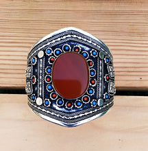 Rajhastani Nauratan Silver Cuff: Aqeeq, Turquoise, Tribal Bracelet