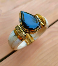 Afghan Bone Cuff Bracelet – Vintage Brass, Aqeeq Stone Boho Jewelry