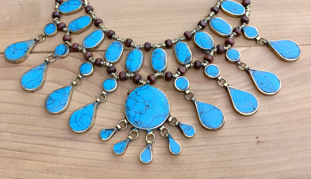Bib necklace  Afghan ethnic-tribal-.Turquoise statement necklace.Turquoise Bib necklace.Bohemian Tribal Necklace.Gypsy Neck piece- Turquoise