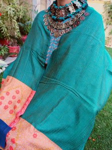 Handwoven Pure Cashmere Scarf: Multi-Color Kani Border, Winter Shawl