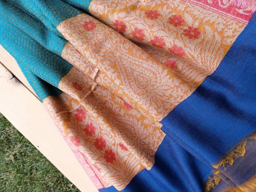 Handwoven Pure Cashmere Scarf: Multi-Color Kani Border, Winter Shawl