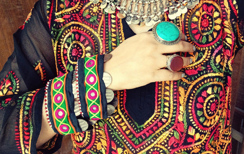 Afghani Embroidered Fabric Bracelet: Vintage Tribal Coin Jewelry