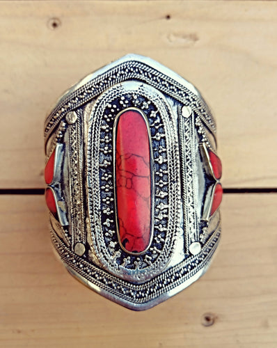 Cuff bracelet-  Kuchi Tribal Coral Stone Cuff Bracelet,Turkmen Afghan Ethnic Jewelry,Metal Work,Antique,German Silver- Turquoise