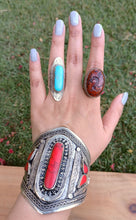 Cuff bracelet-  Kuchi Tribal Coral Stone Cuff Bracelet,Turkmen Afghan Ethnic Jewelry,Metal Work,Antique,German Silver- Turquoise