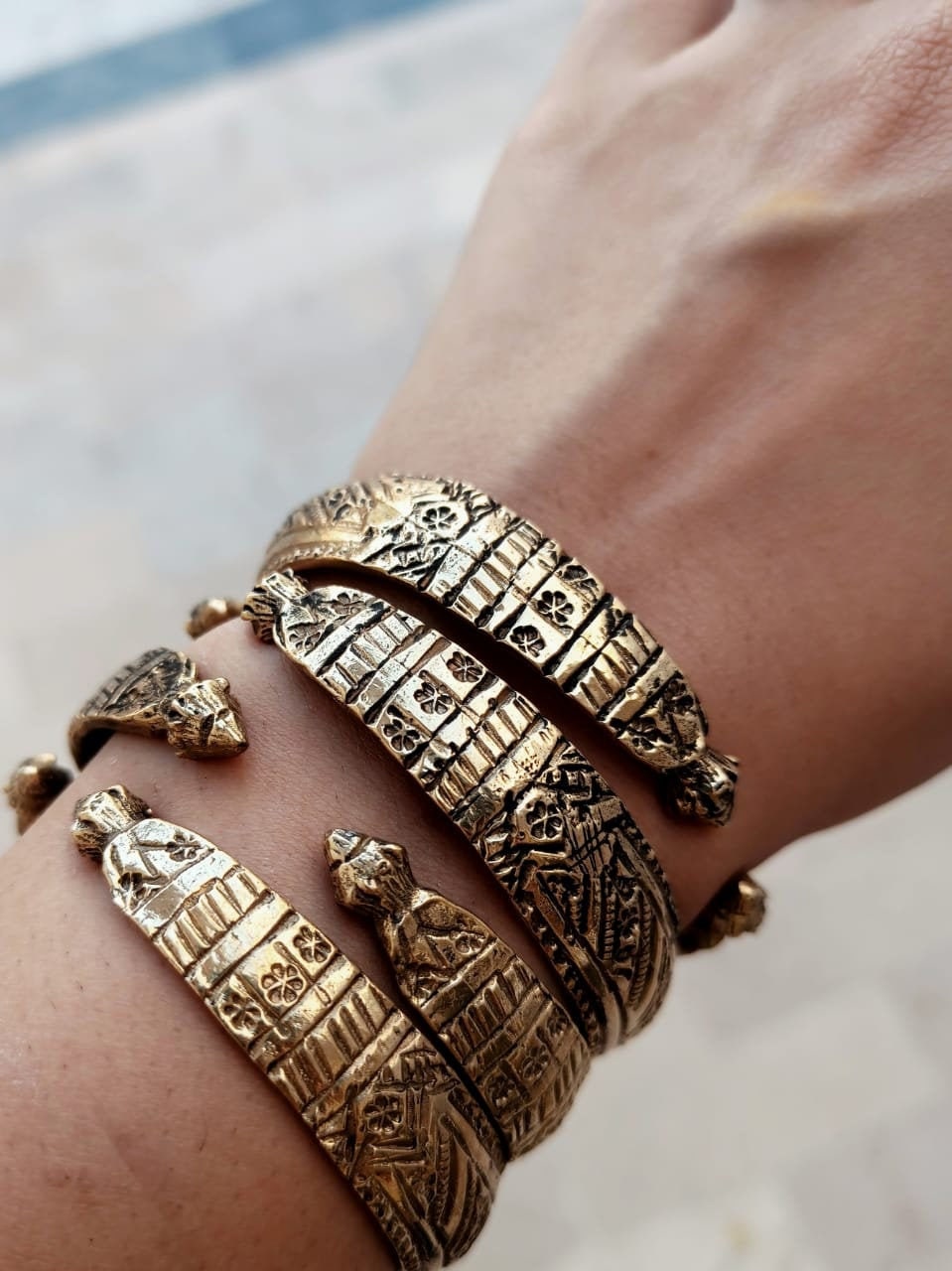 Hand Carved Gold Plated Bangle: Adjustable Tribal Cuff Bracelet