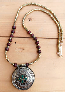 Turquoise Stone Necklace: Boho Afghan Style, Sterling Silver Hook
