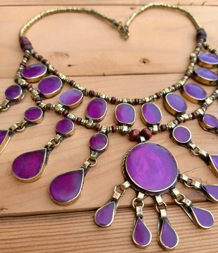 FREE Shipping Afghan Tribal Vintage Purple Stone Necklace.Bib Necklace-  neckpiece. Gypsy jewelry. Vintage Kuchi Necklace.Statement Necklace