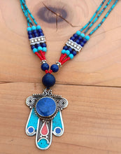 Lapis & Turquoise Hamsa Pendant Necklace - Boho Stone Jewelry
