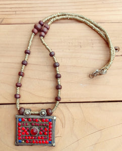 Vintage Afghan Pendant Necklace: Red Agate, Labradorite, Tribal Jewelry