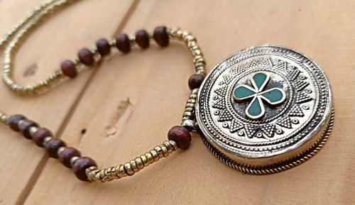 Turquoise Stone Necklace: Boho Afghan Style, Sterling Silver Hook