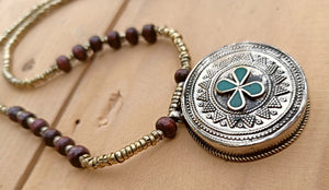 Turquoise Stone Necklace: Boho Afghan Style, Sterling Silver Hook