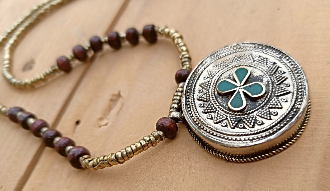 Turquoise Stone Necklace: Boho Afghan Style, Sterling Silver Hook