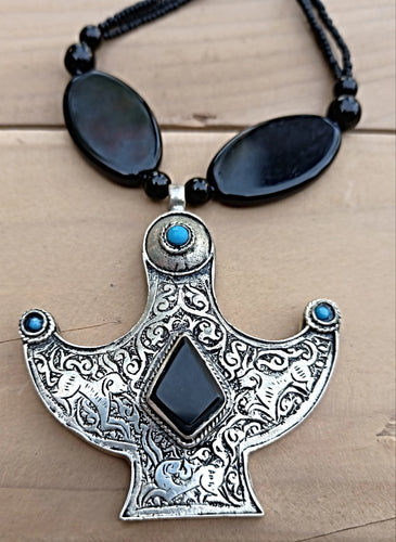 Handmade Kazakh Aqeeq Pendant Necklace: German Silver, Afghan Stone