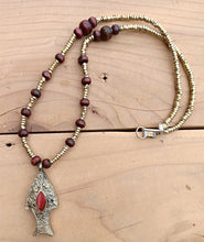 Afghan Silver Fish Pendant Necklace: Lapis Lazuli, Wood Beads