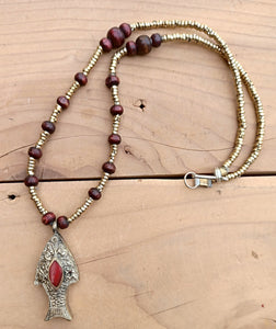 Afghan Silver Fish Pendant Necklace: Lapis Lazuli, Wood Beads