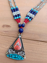Orange Coral & Turquoise Pendant Necklace - Boho Statement Jewelry