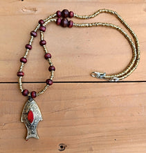 Afghan Silver Fish Pendant Necklace: Lapis Lazuli, Wood Beads
