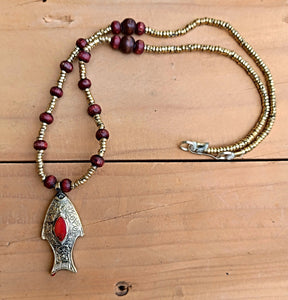 Afghan Silver Fish Pendant Necklace: Lapis Lazuli, Wood Beads
