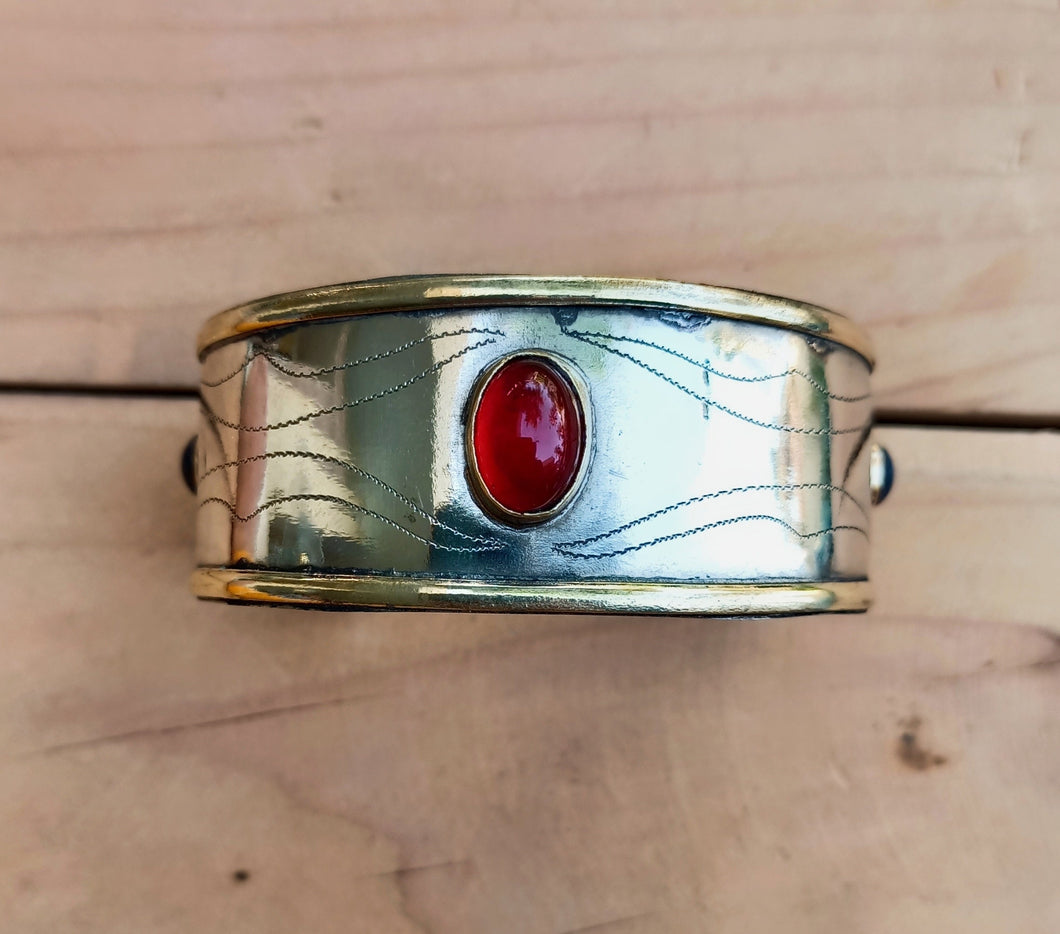 Vintage Afghan Cuff Bracelet: Red Aqeeq Stone, Gold Washed Silver