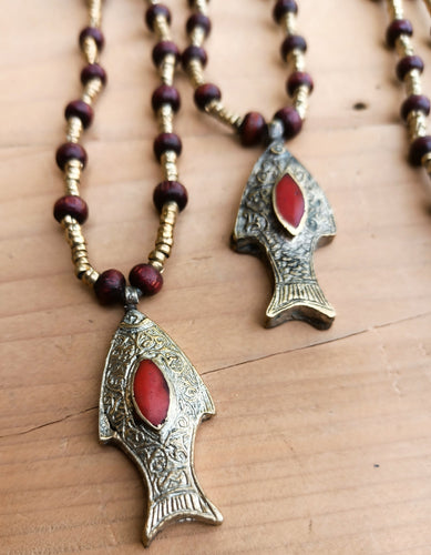 Afghan Silver Fish Pendant Necklace: Lapis Lazuli, Wood Beads