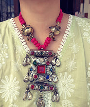 Antique Kuchi Necklace: Afghan Tribal Silver Pendant, Pink Rope