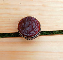 Antique Maroon Aqeeq Ring: Hand Carved Deer, Adjustable Silver Band