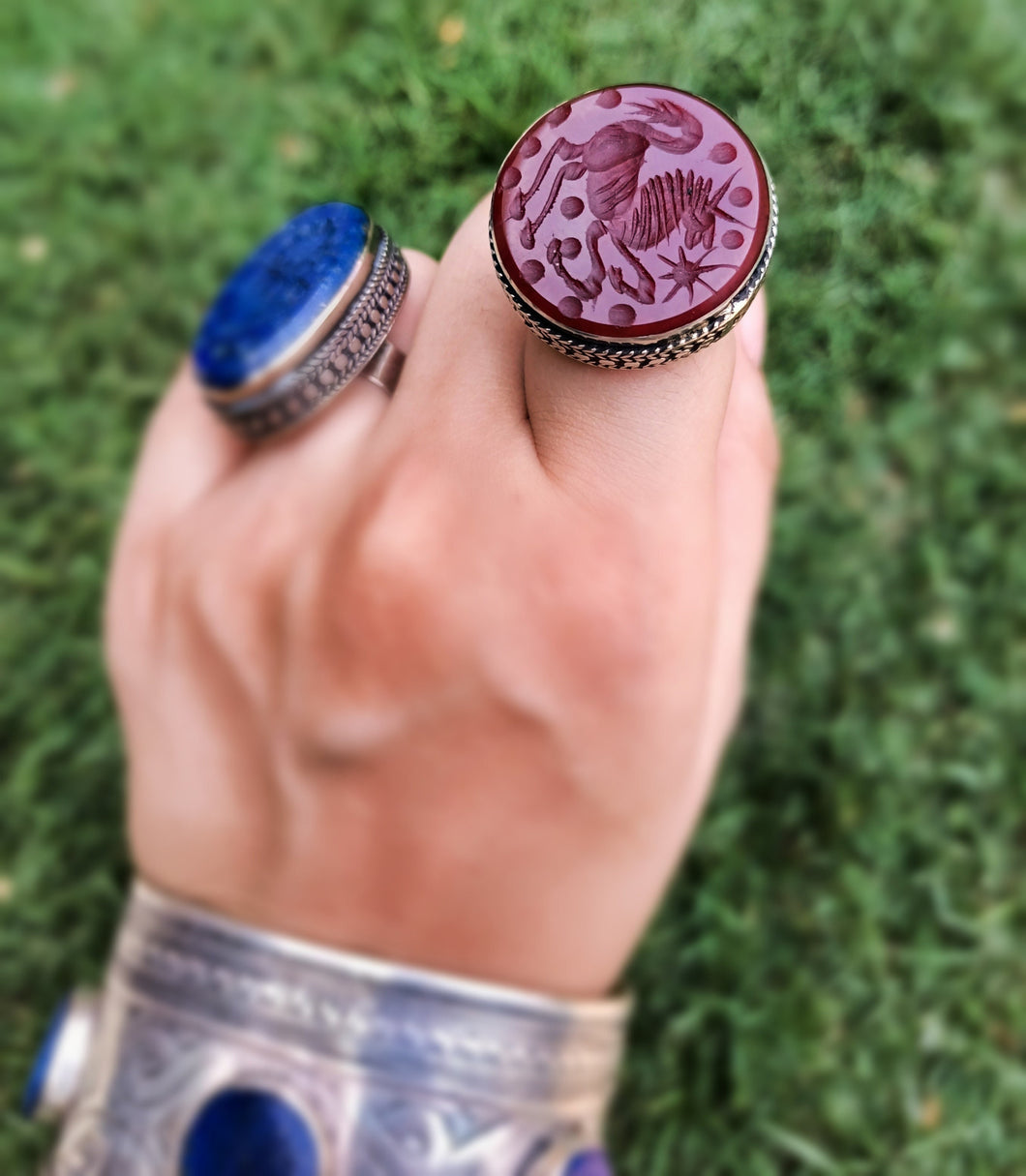 Antique Maroon Aqeeq Ring: Hand Carved Deer, Adjustable Silver Band