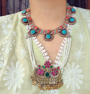 Handmade Pearl Nauratan Necklace: Tribal Ethnic Pendant, Bohemian Jewelry