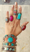 Turquoise & Coral Cocktail Ring: Tibetan Silver Brass Statement Ring - Size 8