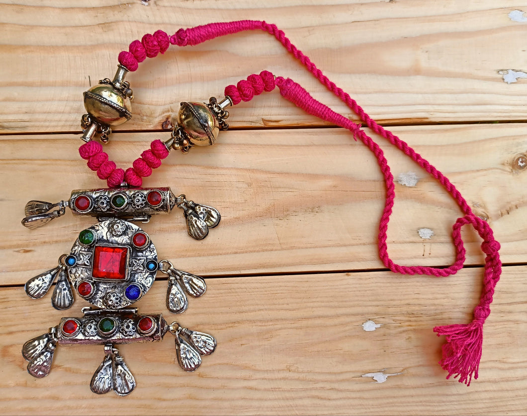 Antique Kuchi Necklace: Afghan Tribal Silver Pendant, Pink Rope