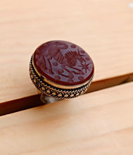 Antique Maroon Aqeeq Ring: Hand Carved Deer, Adjustable Silver Band