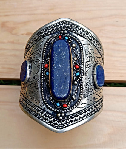 Lapis lazuli Cuff- Silver Lapis Lazuli cuff - Lapis bracelet- Tribal bracelet- Nomadic- Turquoise bracelet-  Blue lapis lazuli bracelet